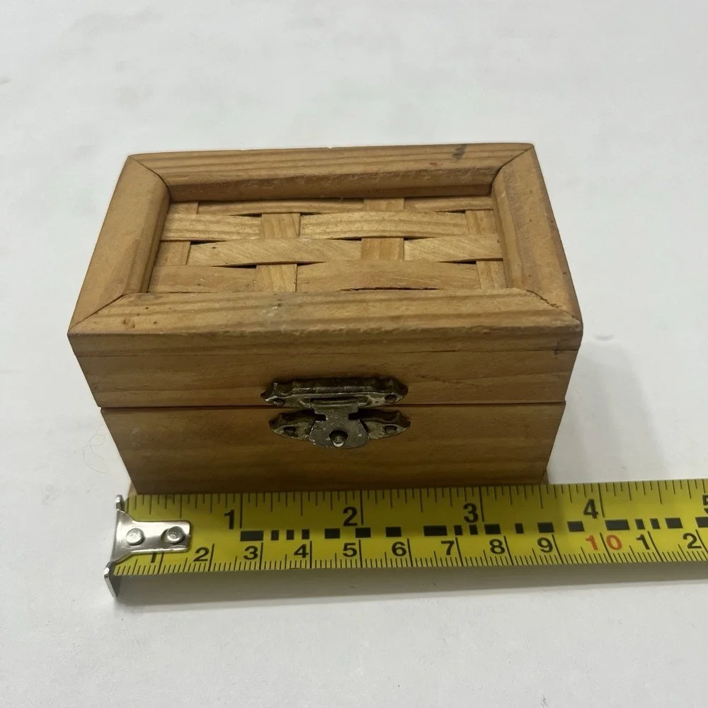 Wooden Handmade Mini Trinket Box Woven Hinged Lid Metal Latch 3.5x2.25x2